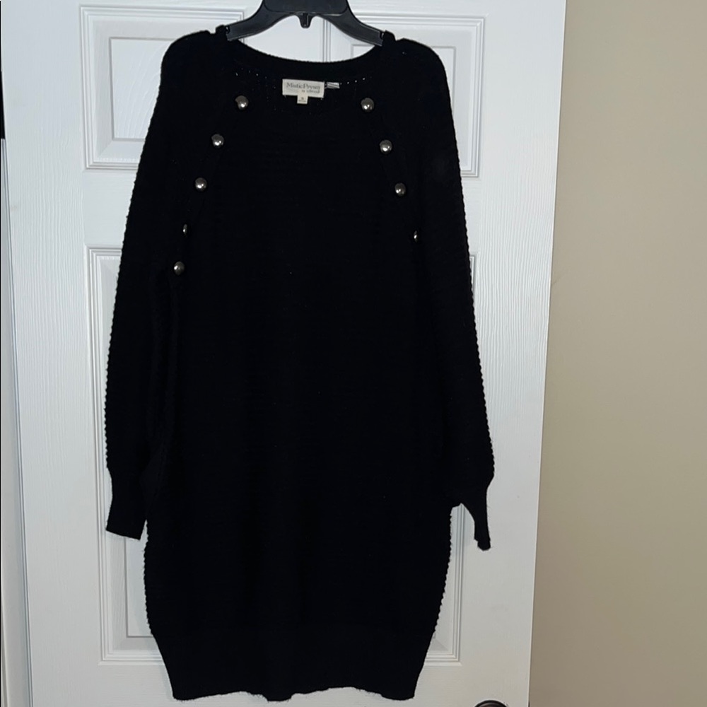 Black Long Sleeve Sweater Dress with Silver Accents